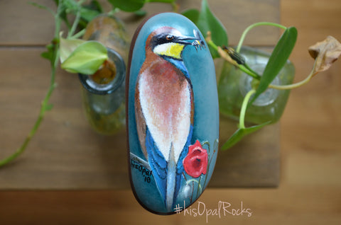 Bird Painted Rock, Hand Painted Stone, Bird Watching, Bird Art, Bee Eater, Bird Art, Poppies