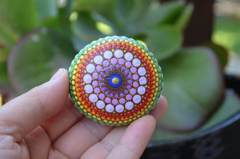Mandala Stone, Painted Rock, Mandala Rock, Rainbow Dot Art, Hand Painted Rock, Boho Decor