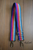 Hand Made Purse Strap, "Rainbow Stripes" Black Back, Adjustable Strap approx. 28 to 48 inches