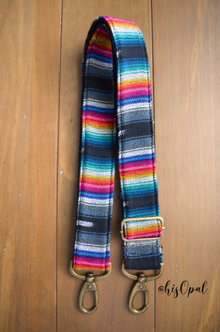 Hand Made Purse Strap, "Rainbow Stripes" Black Back, Adjustable Strap approx. 26 to 44.5 inches