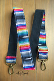 Hand Made Purse Strap, "Rainbow Stripes" Black Back, Adjustable Strap approx. 26 to 44.5 inches
