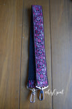 Hand Made Purse Strap, Raspberry Boho Print, Black Back, Over the Shoulder Strap, 28.5 inches