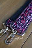 Hand Made Purse Strap, Raspberry Boho Print, Black Back, Over the Shoulder Strap, 28.5 inches