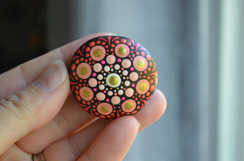 Hand Painted Sea Bean, Mini Mandala, drift seed, Red Mandala, painted rock section