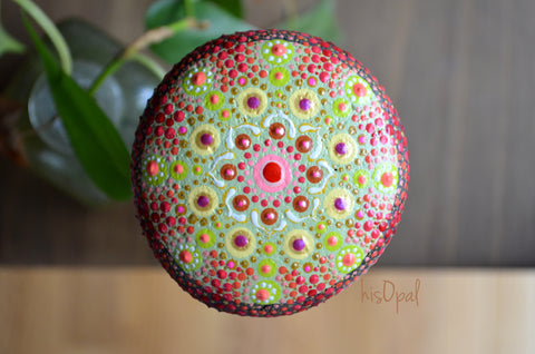 Red Green Mandala, Mandala Stone, Boho Decor, Housewarming Gift, Painted Rock Gift