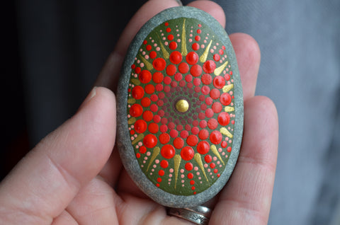 Red Mandala Stone, Hand Painted Rock, Unique Decor Red, Meditation Stone, Boho