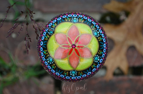 Sacred Geometry Mandala Stone, Hand Painted Rock, Rainbow Mandala, Boho Decor