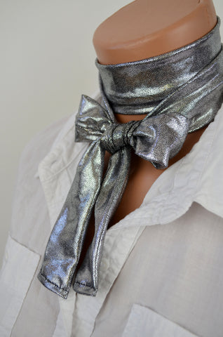 Metallic Silver Scarf Women's Neck Tie Lightweight Layering Scarf Unisex Neck Bow