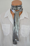 Metallic Silver Scarf Women's Neck Tie Lightweight Layering Scarf Unisex Neck Bow - hisOpal Swimwear - 3