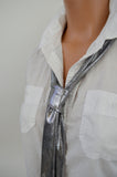 Metallic Silver Scarf Women's Neck Tie Lightweight Layering Scarf Unisex Neck Bow - hisOpal Swimwear - 4