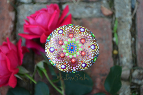 Rainbow Mandala Stone, Hand Painted Rock, Boho Decor, Jewel Drop Mandala, Painted Rock