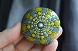 Sea Urchin Mandala, Hand Painted Rock, Mandala Stone, Urchin Style, Green and Grey
