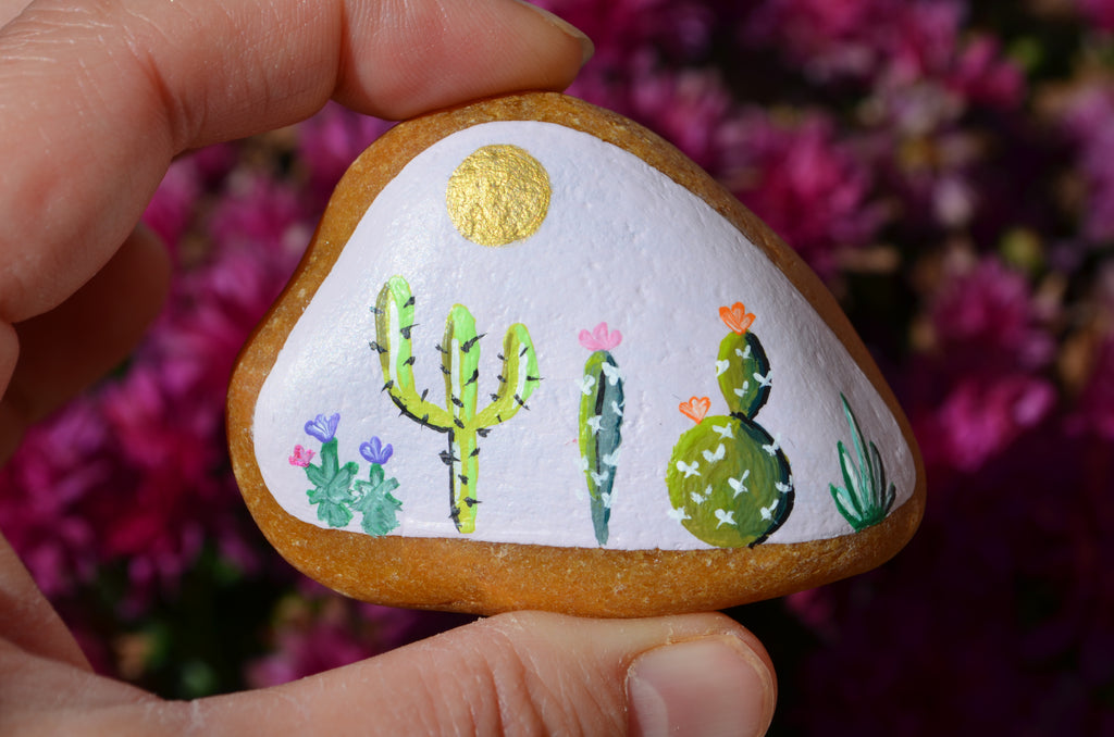 Painted Cactus Rock, Desktop Decor, Cactus Art, Hand Painted Rock, Southwestern Decor, Cacti