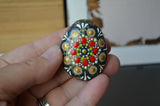 Small Mandala Stone, Hand Painted Rock, Mini Mandala, Red and Gold, Boho Decor