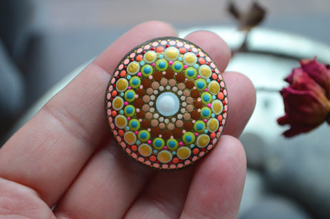 Hand Painted Rock, Small Round Mandala, Boho Mandala Stone, Southwestern Decor