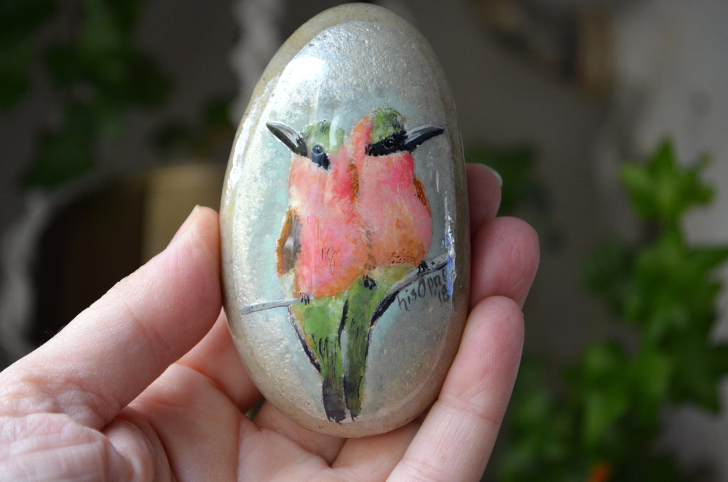 Southern Carmine Bee Eaters, Hand Painted Rock, Unique Gift, Bird Watcher Gift, Painted Stone Art