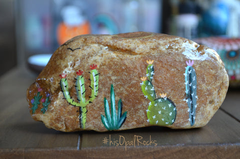 Painted Cactus Rock, Cactus Desert Scene, Cactus Art, Hand Painted Rock Art, Southwestern Decor