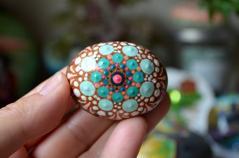Small Mandala Stone, Hand Painted Rock, Mini Mandala, Coral and Teal, Boho Decor