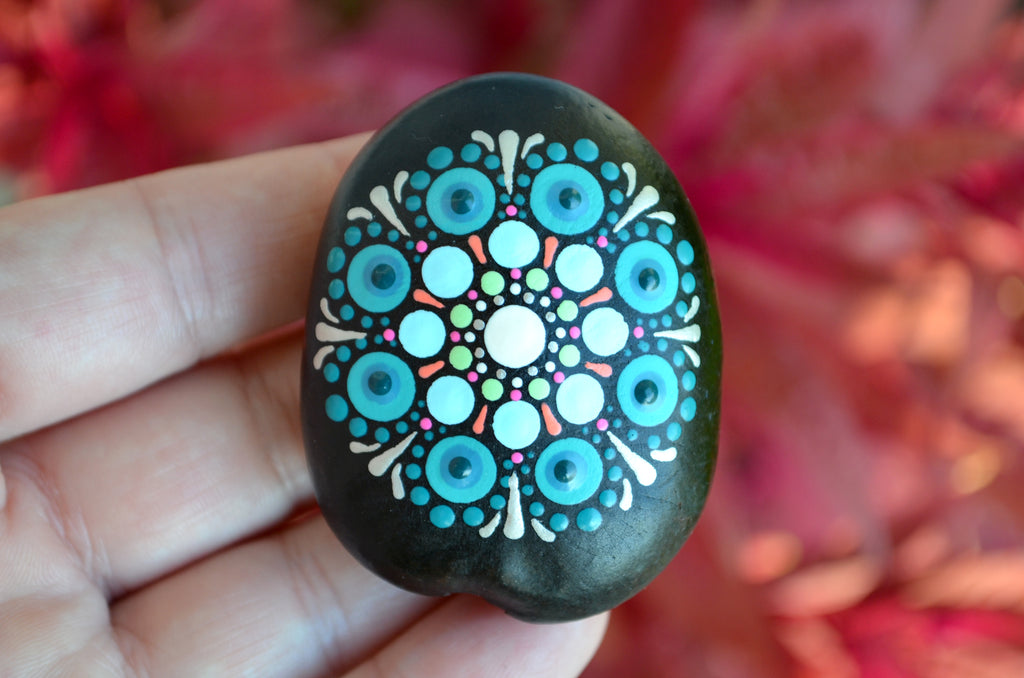 Hand Painted Sea Bean, Mini Mandala, drift seed, Teal Mandala, painted rock section