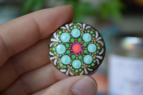 Small Mandala Stone, Hand Painted Rock, Mini Mandala, Gift for Her, Aqua and Green, Boho Decor