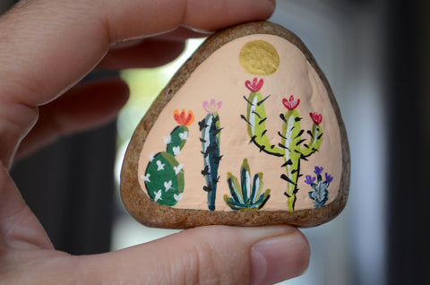 Painted Cactus Rock, Desktop Decor, Cactus Art, Hand Painted Rock Art, Southwestern Decor Art