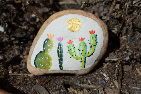 Painted Rock Desert, Cactus Rock, Cactus Garden, Hand Painted Rock Art, Southwestern Decor