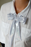 Metallic White Silver Scarf Women's Neck Tie Lightweight Layering Scarf Unisex Neck Bow