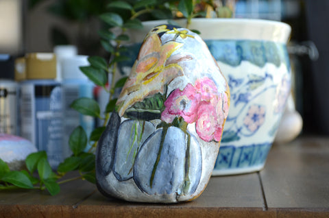 Hand Painted Rock, Desktop Decor, Painted Rock Art, Flower Decor Art, Paperweight