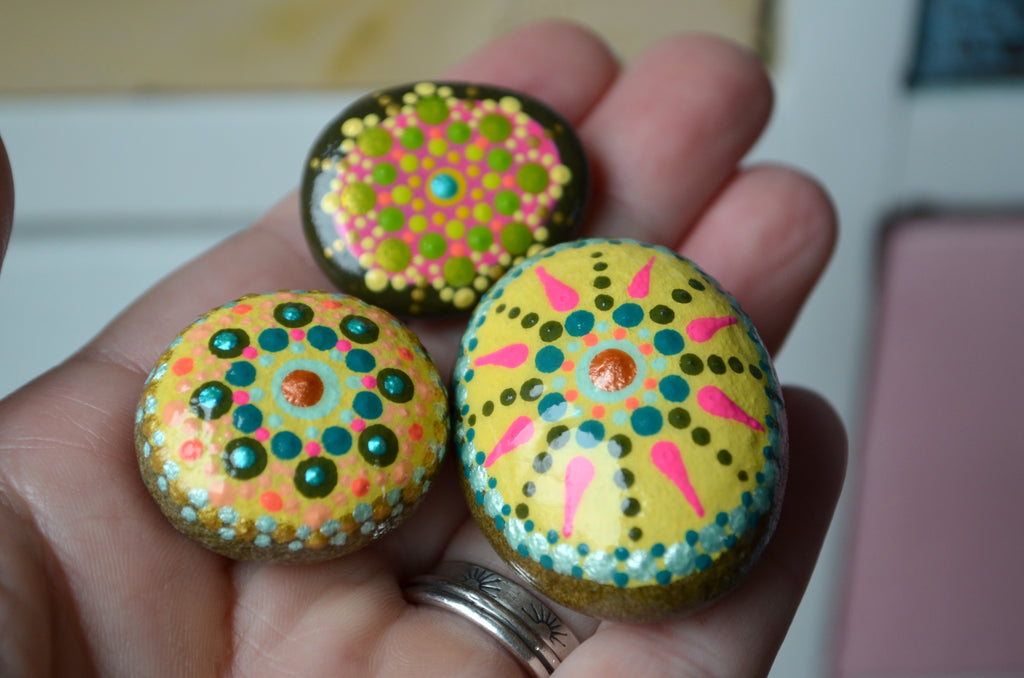 Cute Fridge Magnets, Hand Painted Rock, Yellow Mandala Magnets, 3 Refrigerator Magnets